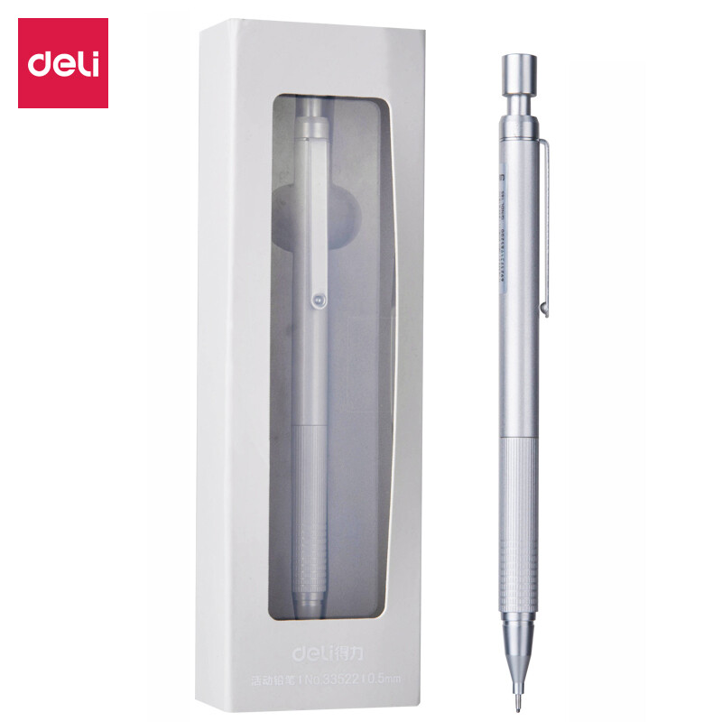 Deli student writing and drawing test metal movable pencil single gift box silver 33522