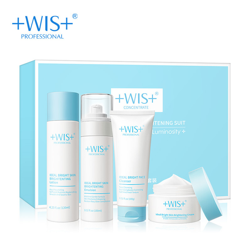 Wis whitening and brightening package (100g facial cleanser + 120ml toner + 100ml brightening milk + 5g Brightening Cream, gentle moisturizing, locking, brightening skin color, oil control and nourishing skin)