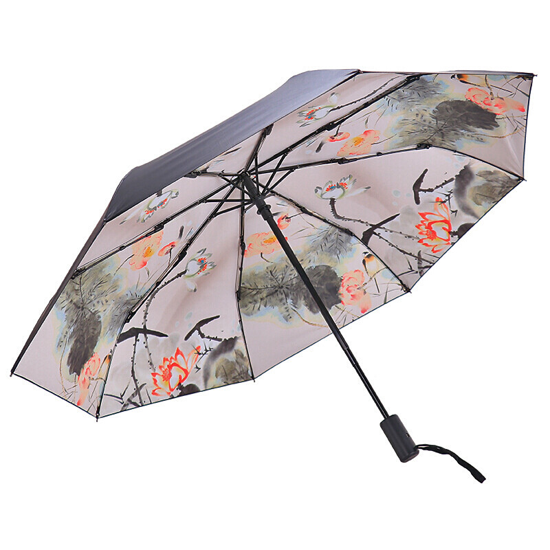 Paradise umbrella safety self opening and closing full shading black glue transfer printing Lotus Pond Moonlight three fold small black umbrella sunny umbrella sun umbrella inner drawing 30491elcj (steam eye mask)