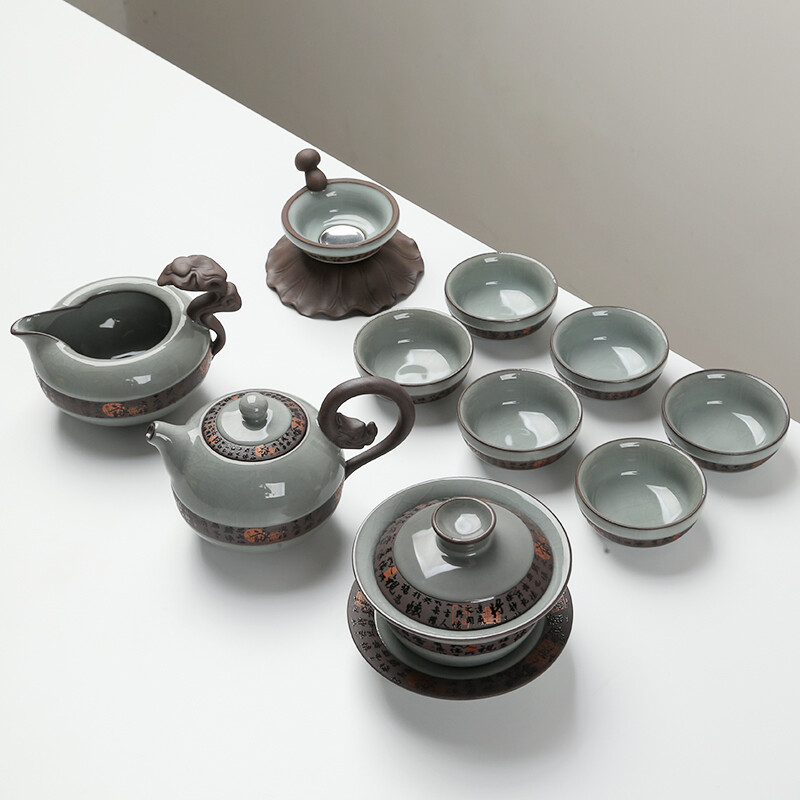 Chengyi TangYun celadon Kung Fu tea set with teapot and cover bowl, complete set of Ge kiln Longteng tea set gift box