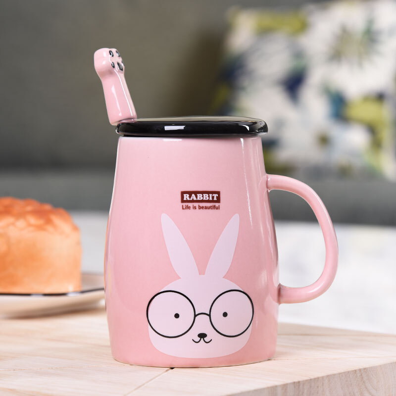Haofeng creative ceramic cup breakfast cup couple Cup Mug coffee cup milk cup with cover and spoon tea cup office cup water cup tea set [pink rabbit MUG + cover and spoon]