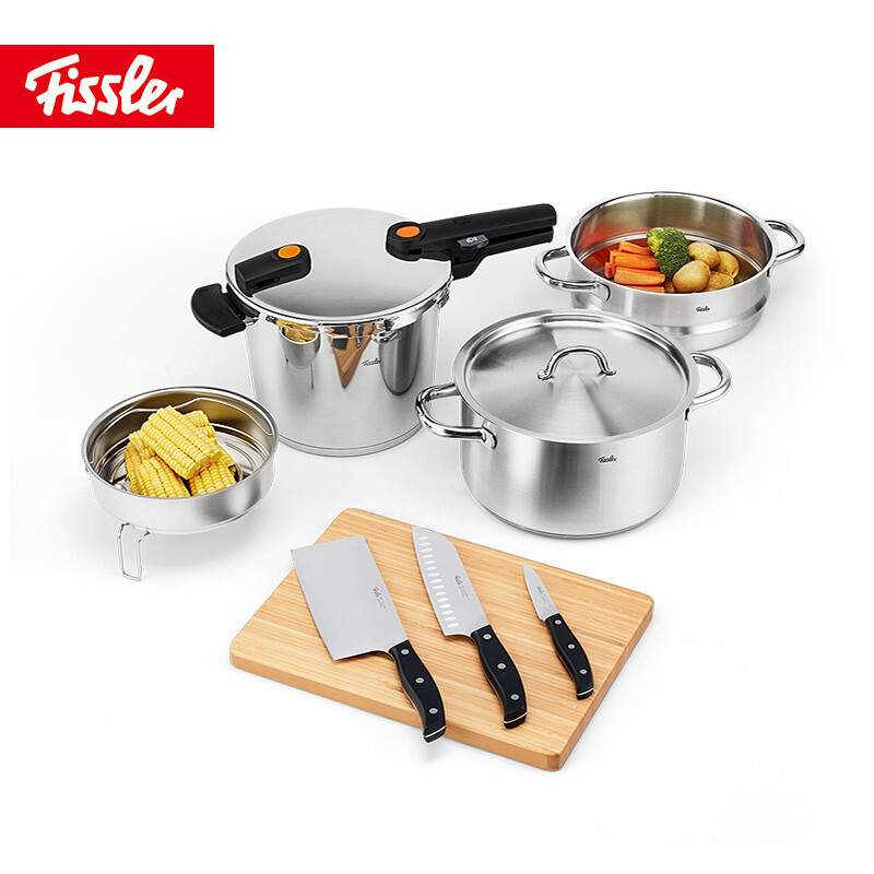 Fissler pressure cooker orange boiling point 6L high-speed fast pot 5-piece soup pot steamer drawer chopping board cutter
