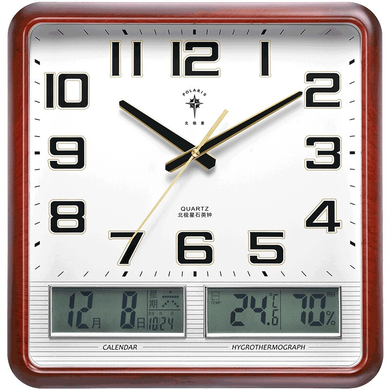 Polaris wall clock 14 inch perpetual calendar hygrometer mute creative living room calendar wall clock 2858 wood double LCD