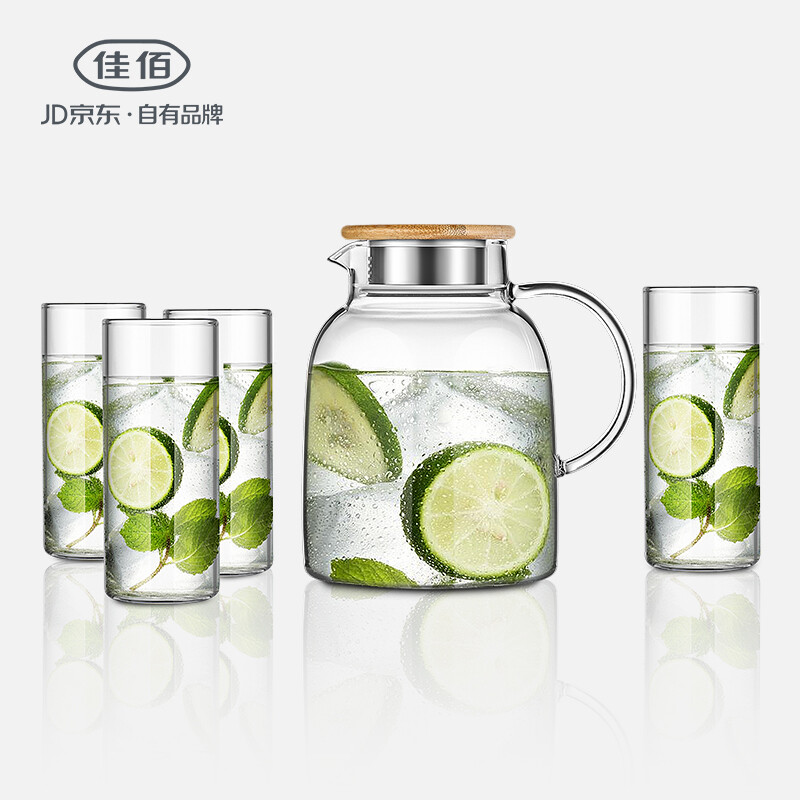 Jiabai cold water kettle large capacity heat-resistant glass cup flower tea juice cup hot drink household glass cold water kettle office household one pot four cup set 1700ml