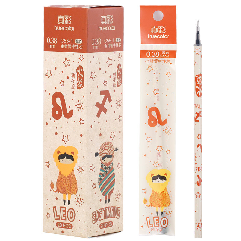 TRUECOLOR 0.38mm black needle tube head neutral pen signature pen water pen refill student office 12 constellation alliance fire image 20 pieces / box c55-1