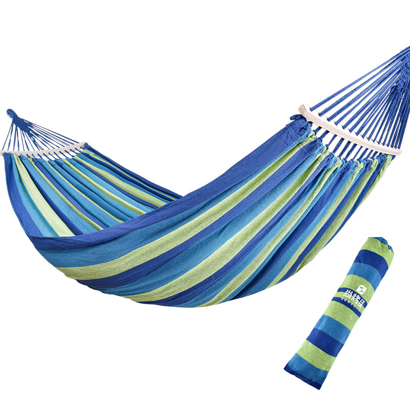 Shangbajia hammock widened and thickened rainbow hammock swing bed wooden pole canvas hammock camping swing 200 * 150cm (including storage belt and 4 binding ropes)
