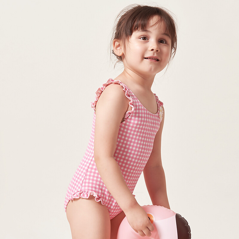 Chess posture children's swimsuit girl baby baby one-piece swimsuit small middle school children's lovely triangle hot spring swimsuit ezi18g002 pink white lattice 120cm