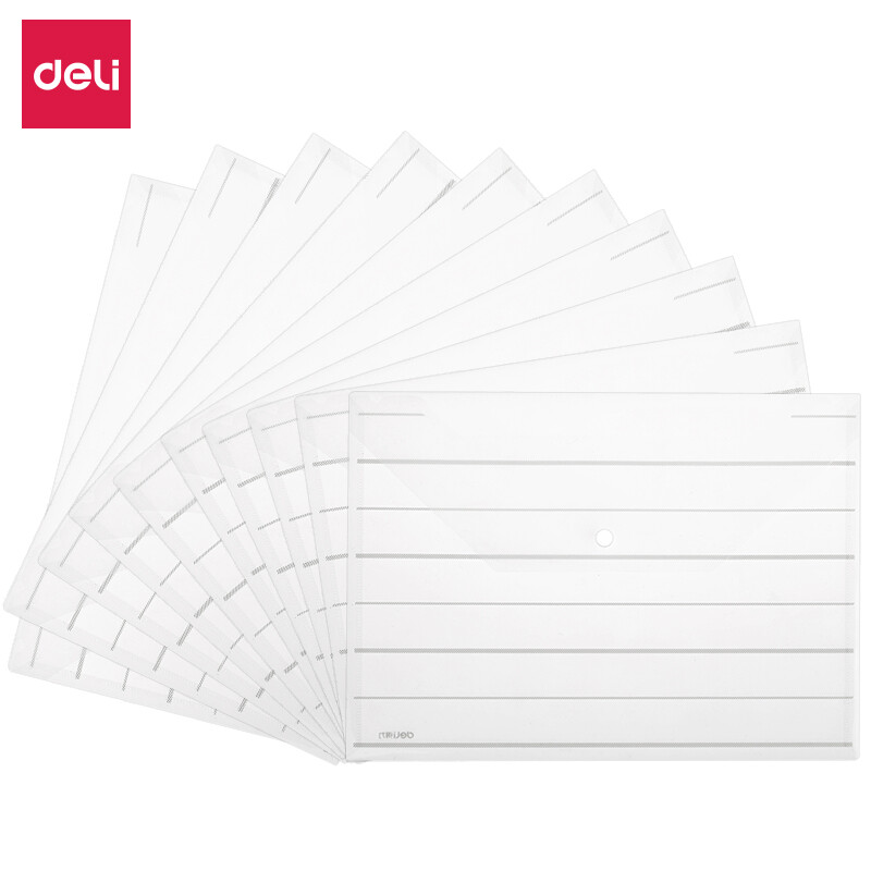 Deli 10 A4 stripe transparent document bags, snap data bags, file bags, white 8313