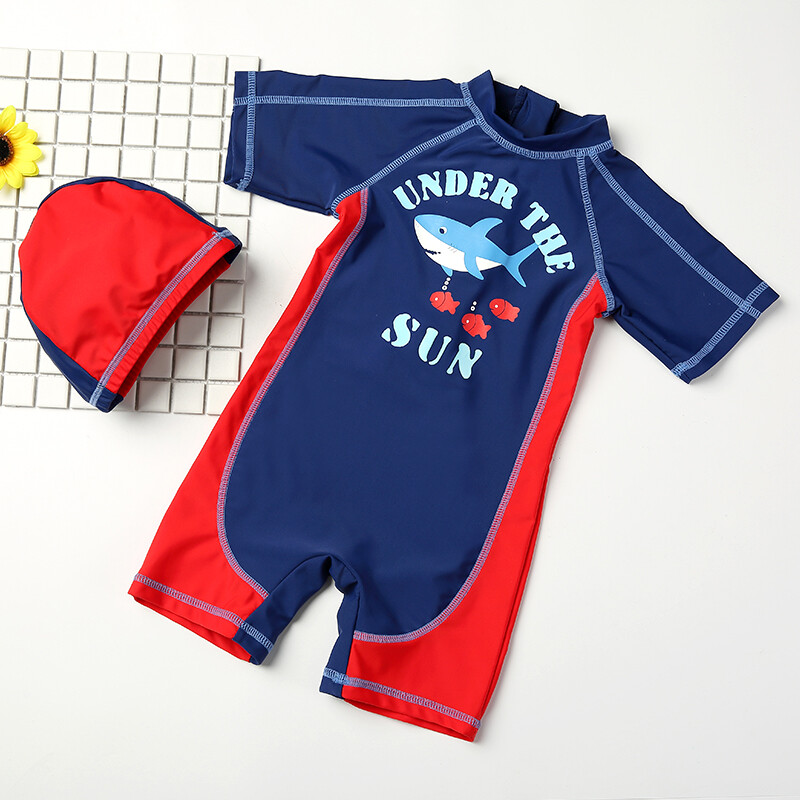 Yuke children's swimsuit boy's one-piece sunscreen Swimsuit Medium Size Baby Hooded swimsuit swimming trunks 7232
