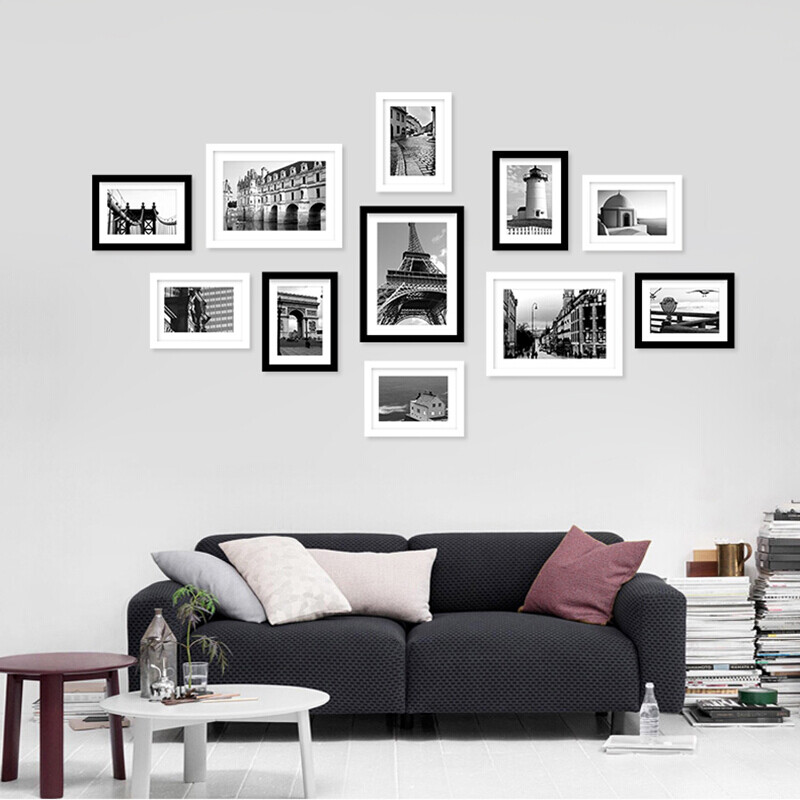 Ink bucket fish photo wall black and white 11 frame 7772 photo wall solid wood photo frame combination wall decorative painting bedroom living room sofa porch background wall portrait frame black and white mixed picture frame