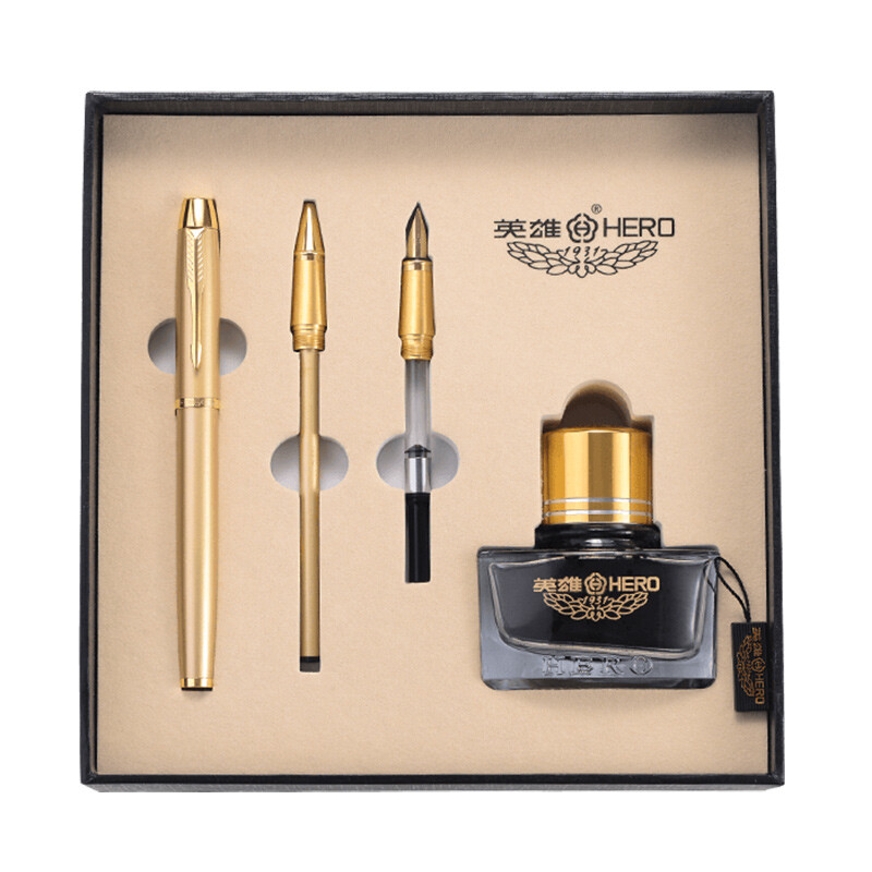 Hero 1801 champagne gold im metal rod iridium pen / ink pen / Pearl pen three in one auspicious gift stationery set