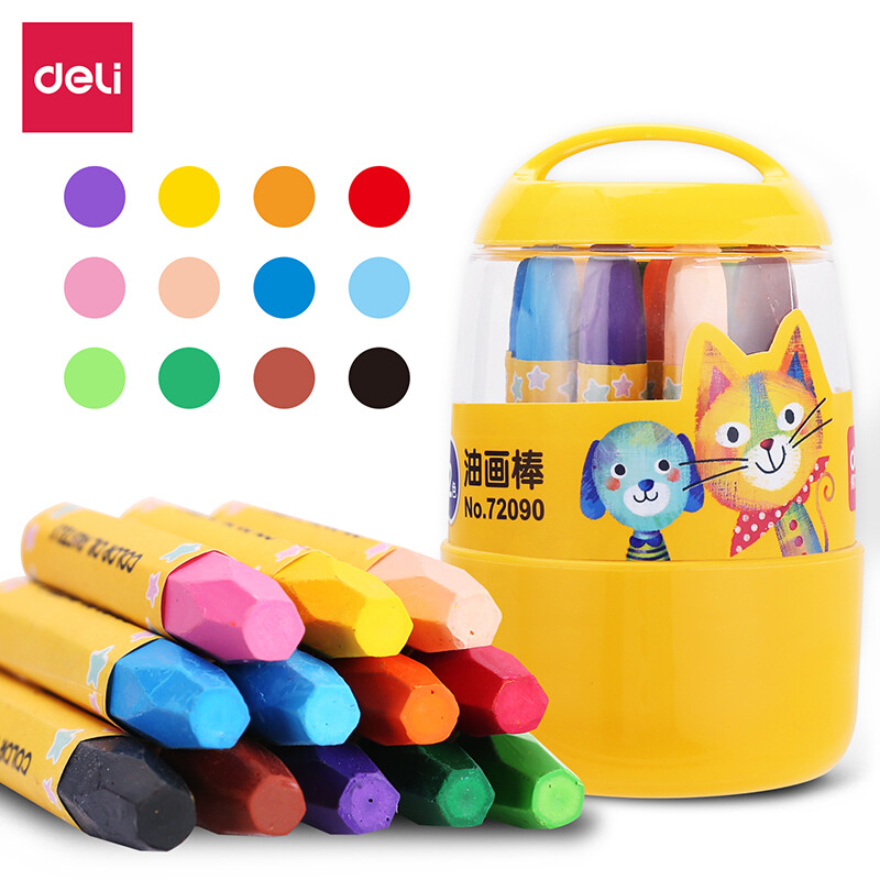 Deli 12 color student hexagonal rod silk sliding oil painting stick children's crayon painting pen 72090