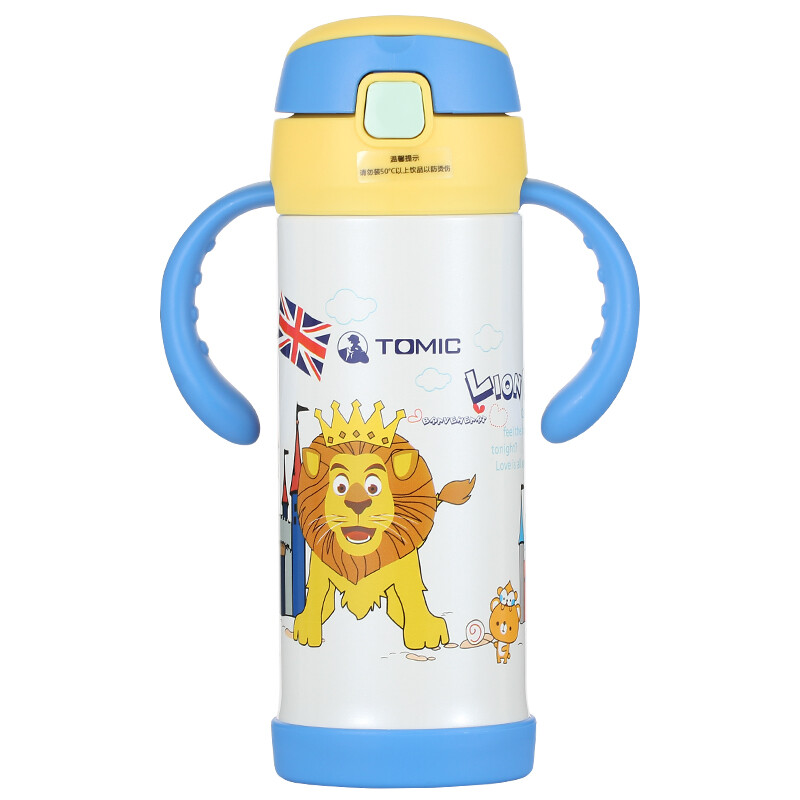 Tomic thermos cup children's thermos cup leak proof with straw 316 healthy cute cup handle cup twl1257 350ml lion blue