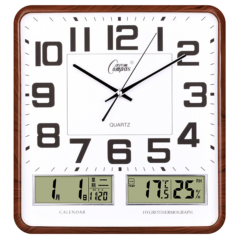 Compas wall clock 16 inch perpetual calendar temperature and humidity clock creative living room silent clock simple wall clock square calendar quartz clock c2983 coffee wood