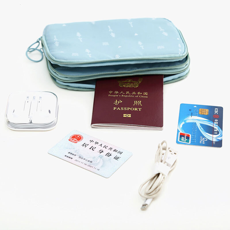 Wutong an an double deck certificate bag, passport bag, data line, multi-functional storage bag, passport folder, business trip abroad, small change, bag card, light bag, lake blue.