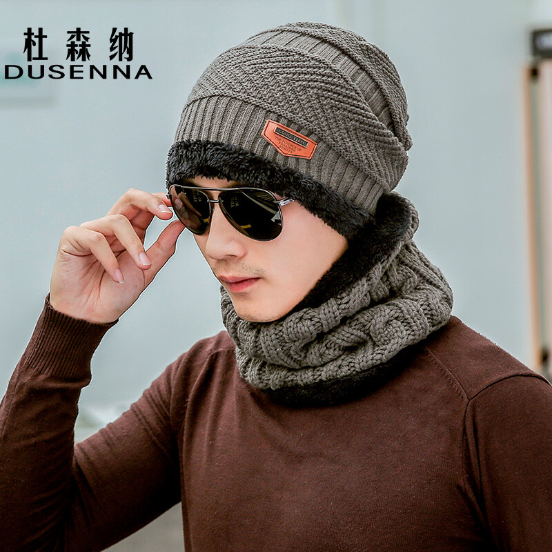 Dusena hat men's autumn and winter Korean version warm Plush wool hat cold and windproof riding men's knitted hat men's twist cap grey