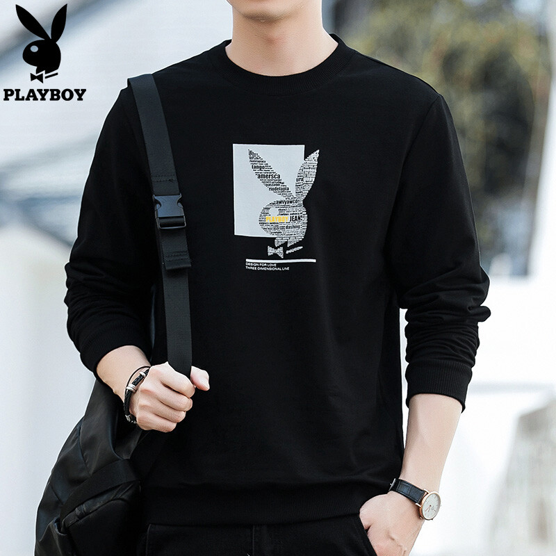 Playboy 2019 spring and autumn new versatile casual sweater tide round neck Pullover Top Men's T-shirt coat syh303 black L