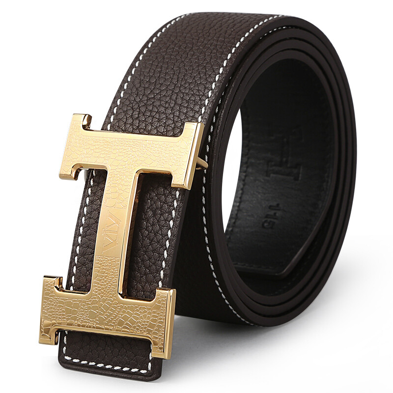5. V. Brown fashion trendy men's plate buckle belt popular double-sided selection first layer cowhide stainless steel buckle design hairdresser pants belt coffee 115cm