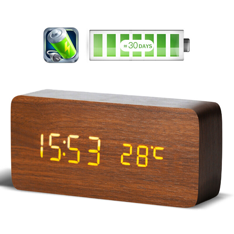 BBA alarm clock lithium battery charging intelligent electronic voice controlled LED luminous student charging small alarm clock multifunctional silent bedside clock xd-03 palm wood white display storage
