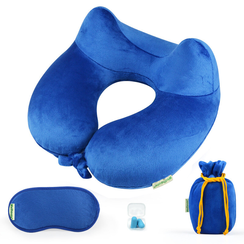Wellhouse automatic inflatable pillow press type U-shaped neck pillow four piece set aircraft travel supplies set treasure blue