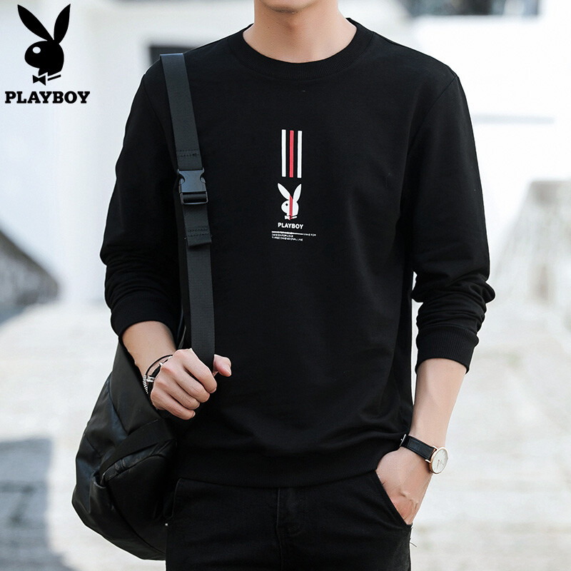 Playboy sweater men's 2019 spring and autumn new clothes round neck Korean slim fit bottoming shirt youth fashion trendsetter casual Baseball Shirt Men's top syh305 black 2XL