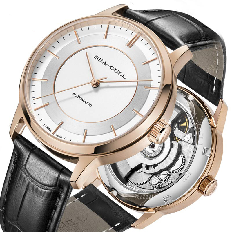 Seagull watch simple retro business big three needle automatic mechanical men's watch 6061 Series Gold Frame white disc Black Belt