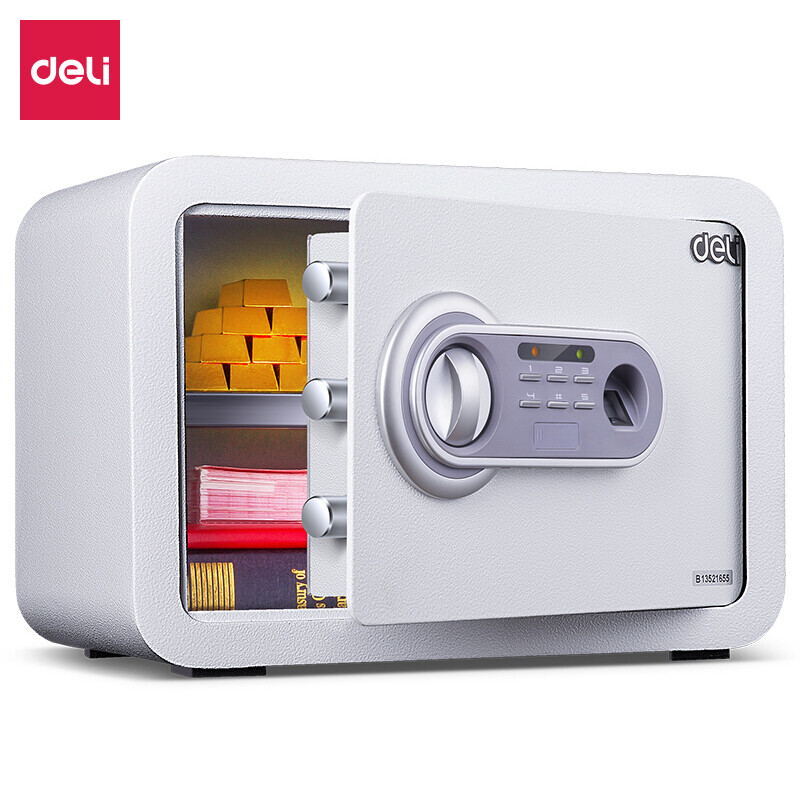 Deli style series fingerprint password double safe deposit box 25cm high small office and household safe deposit cabinet snow white 27105