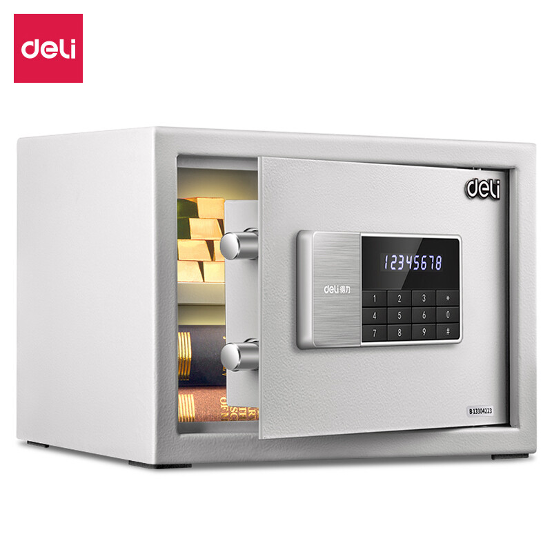 Deli sharp sword series small wall entry password safe deposit box 25cm high office and household double safe deposit box snow white 92619