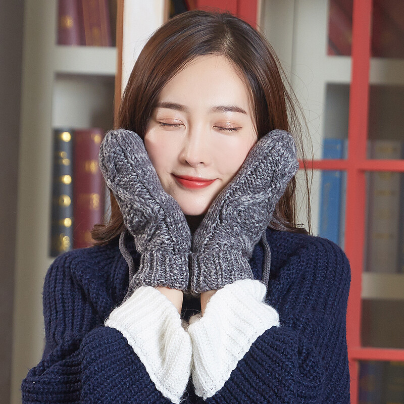 677888 gloves female winter wool Student Korean version Plush thickened knitting WINTER CYCLING warm fingered lanyard mysterious grey