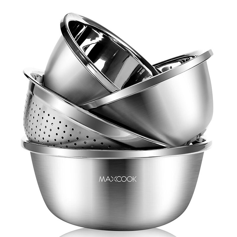 Maxcook 304 stainless steel basin sieve four piece set enlarged thickened drain basket seasoning basin vegetable washing basin salad basin rice sieve taste bucket set mcwa559