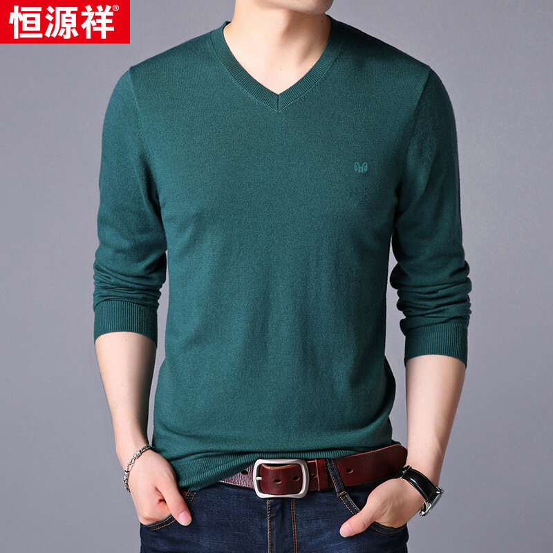 Hengyuanxiang sweater sweater men's V-neck solid color thin sweater sweater 15001002 medium green 180 / 96a