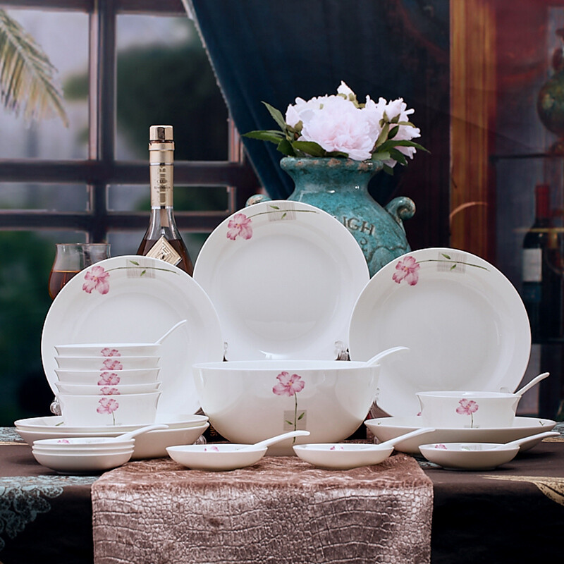 Remec Tangshan Bone China Huahaoyueyuan 26 head tableware set bowl plate set ceramic tableware gift box tableware gift tableware gift tableware