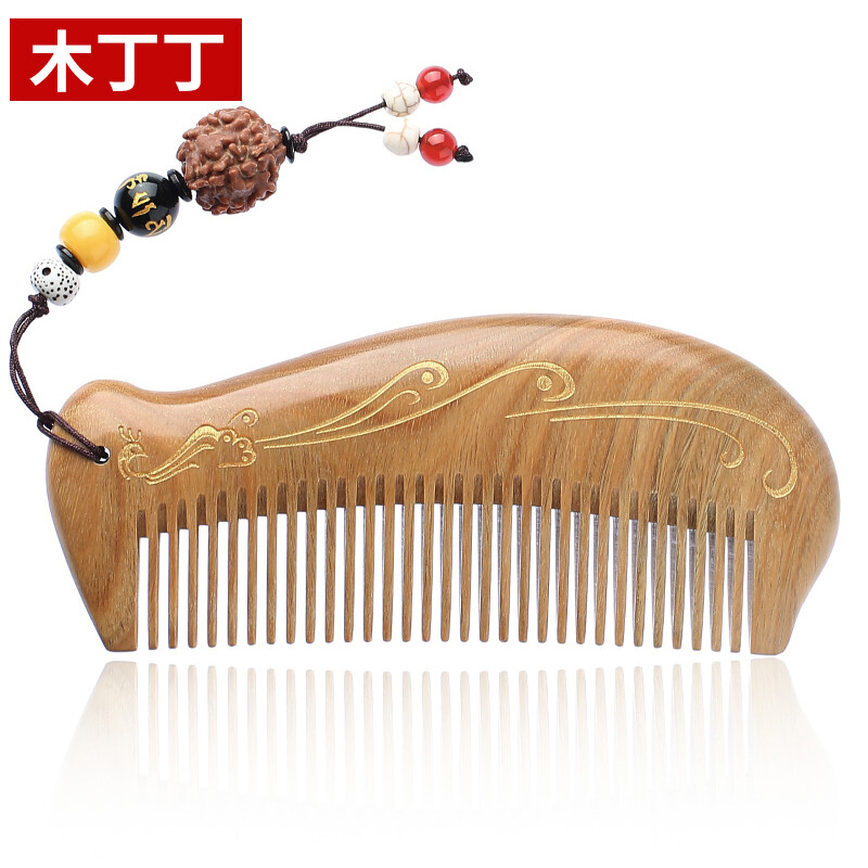 Wooden Dingding Green Sandalwood peacock tracing gold wooden comb portable anti-static dense tooth massage comb for elders and mother for Christmas