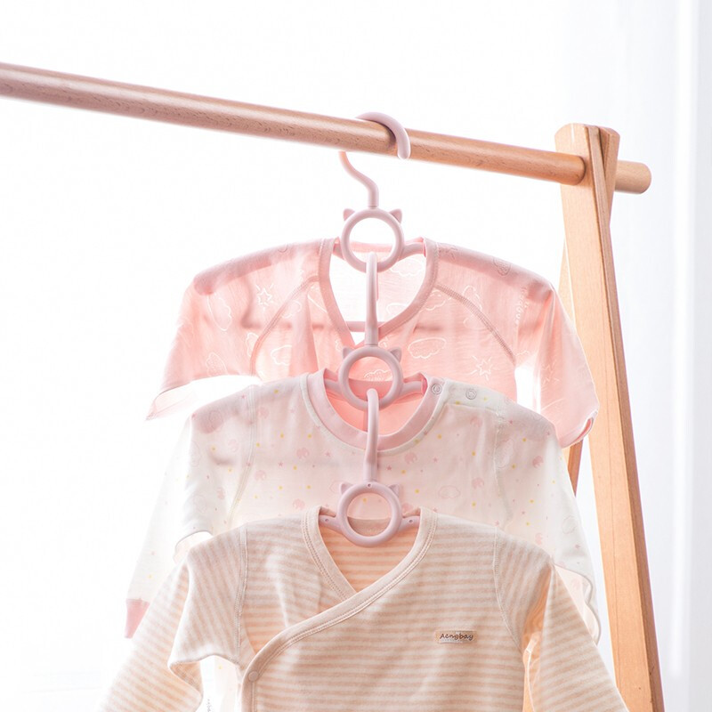 茶花儿童衣架家用多功能无痕防滑衣挂马卡龙可伸缩婴儿小型晒架 【粉色3个装】咪萌儿童衣架可伸缩