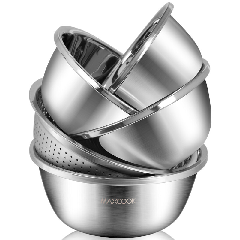 Maxcook 304 stainless steel basin sieve five piece set 30cm enlarged thickened vegetable washing basin drain basket seasoning basin salad basin rice sieve taste bucket set mcwa797