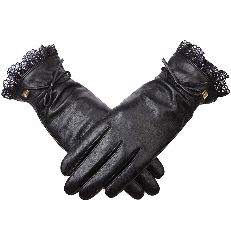 Crocodile women's sheepskin gloves fashion lace edge thin bow split finger gloves 1964, 2007-01 Black XL