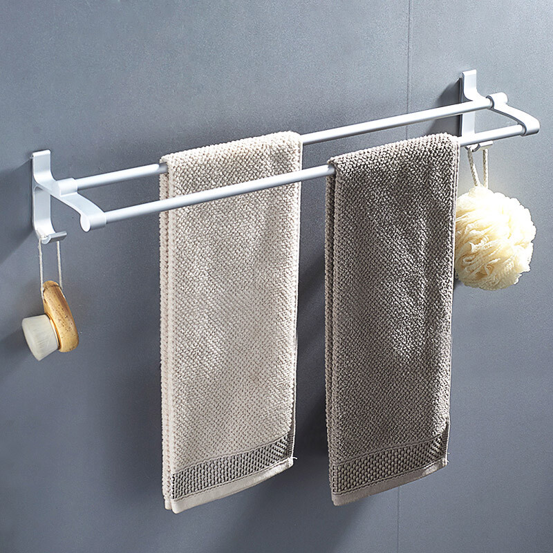 Foojo non perforated double-layer towel rack towel rod space aluminum nail free towel bath towel double rod hanger bathroom hook 60cm long