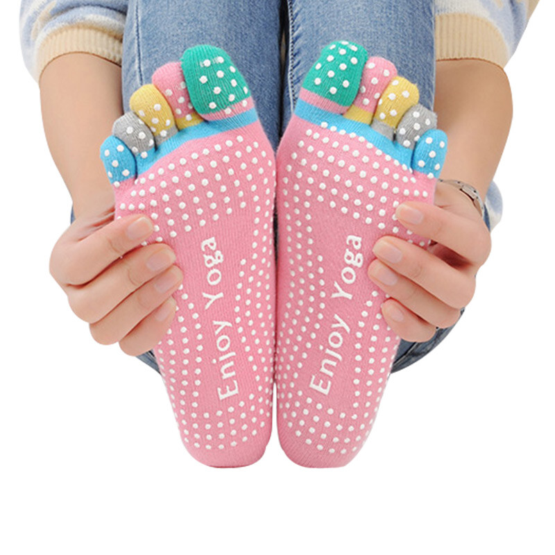 Dewick professional yoga socks anti slip women's thickened cotton five finger socks sports socks breathable sweat absorbing color finger powder