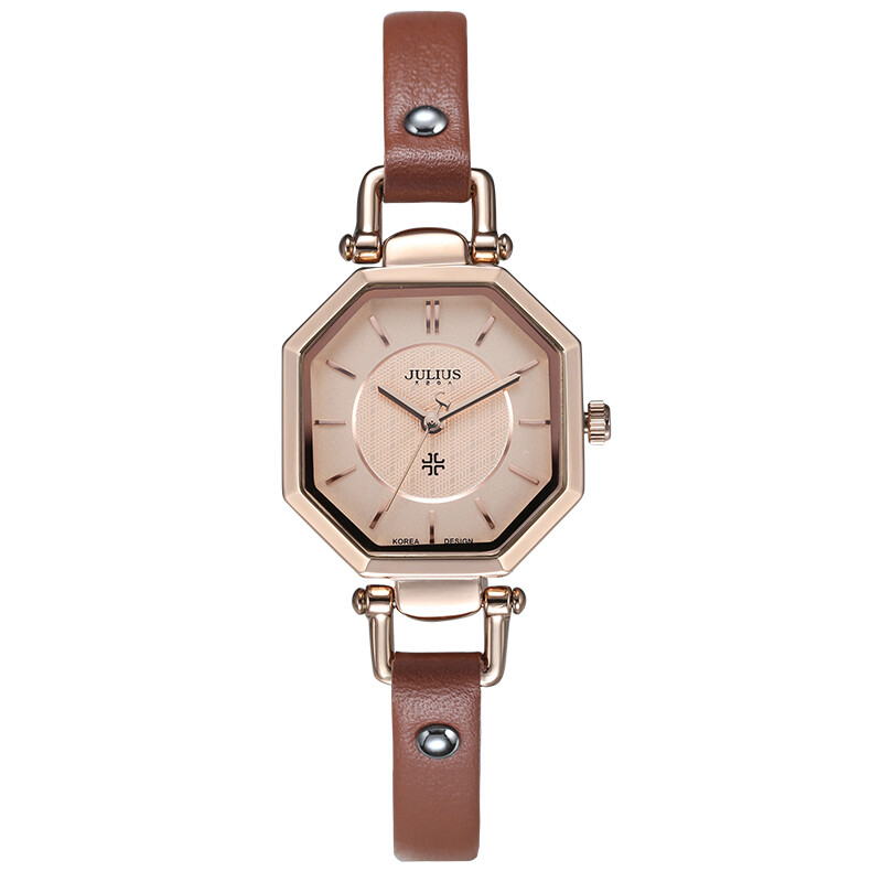 Julius watch fashion series tempered glass mirror leather strap quartz waterproof women's watch brown ja-750c