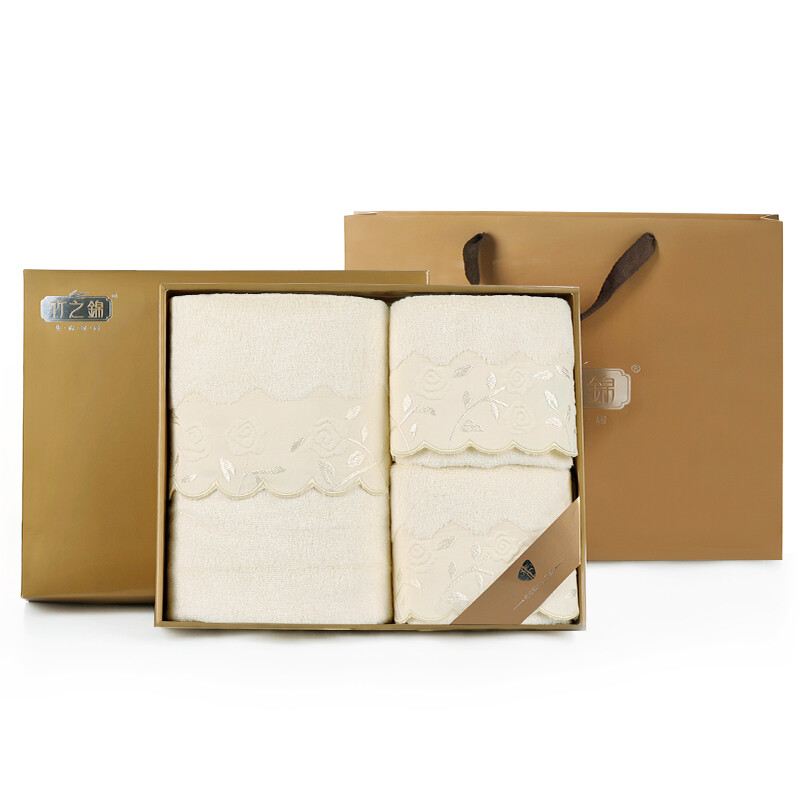 Bamboo brocade towel bath towel bamboo fiber high grade thickened peony Jacquard Satin Edge towel bath towel gift box bath towel * 1 towel * 2 Beige