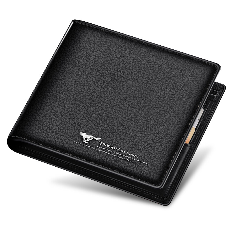 Seven wolves wallet men's leather short business top leather horizontal two fold wallet wallet multifunctional ticket wallet men's 3a1310185 black