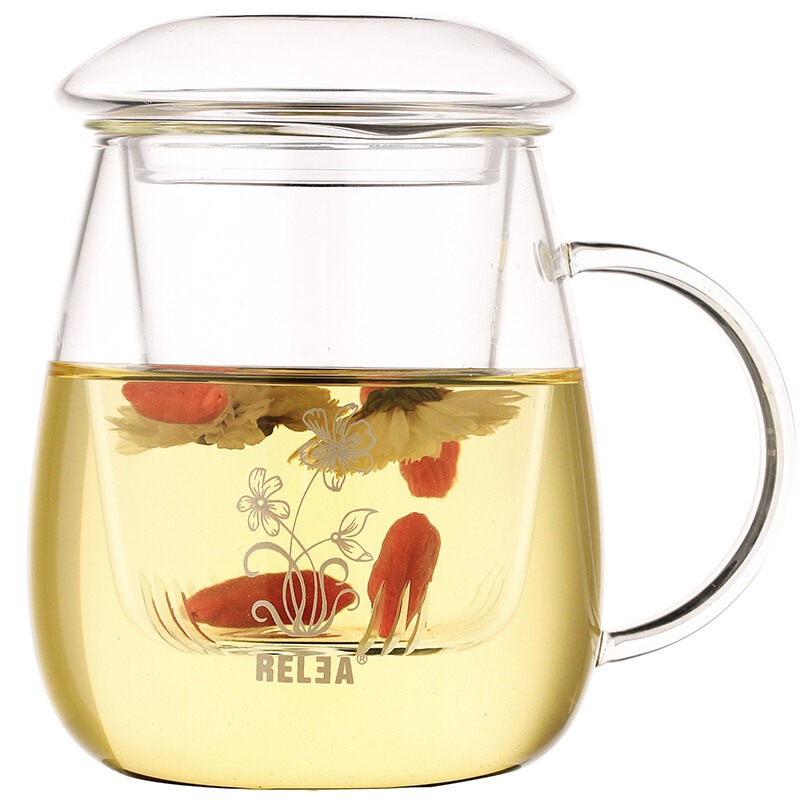 Biology / relea glass tea separation cup double layer heat-resistant tea making cup with filter glass water cup mushroom cup 500ml Narcissus pattern