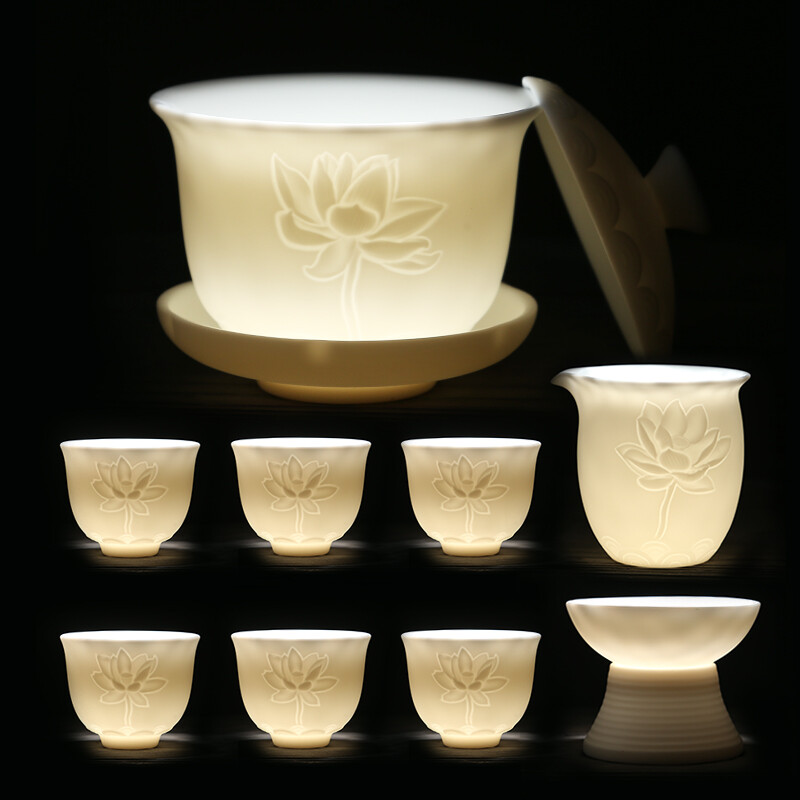 Sushi Ceramics Chinese white tea set set face lotus Ruzhi jade Kung Fu tea set tea cup ceramic cover bowl (Yaguang)
