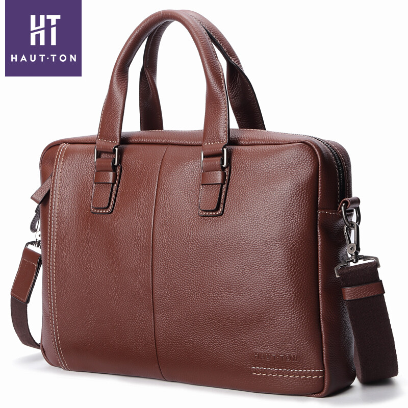 Hautton men's bag handbag briefcase men's business leisure fashion top leather large capacity tide brand Single Shoulder Messenger Bag db354 Brown