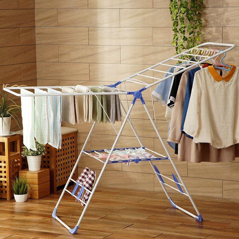 Ou runzhe clothes hanger airfoil landing foldable large multi-purpose clothes hanger indoor and outdoor balcony clothes drying rod enlarged version blue