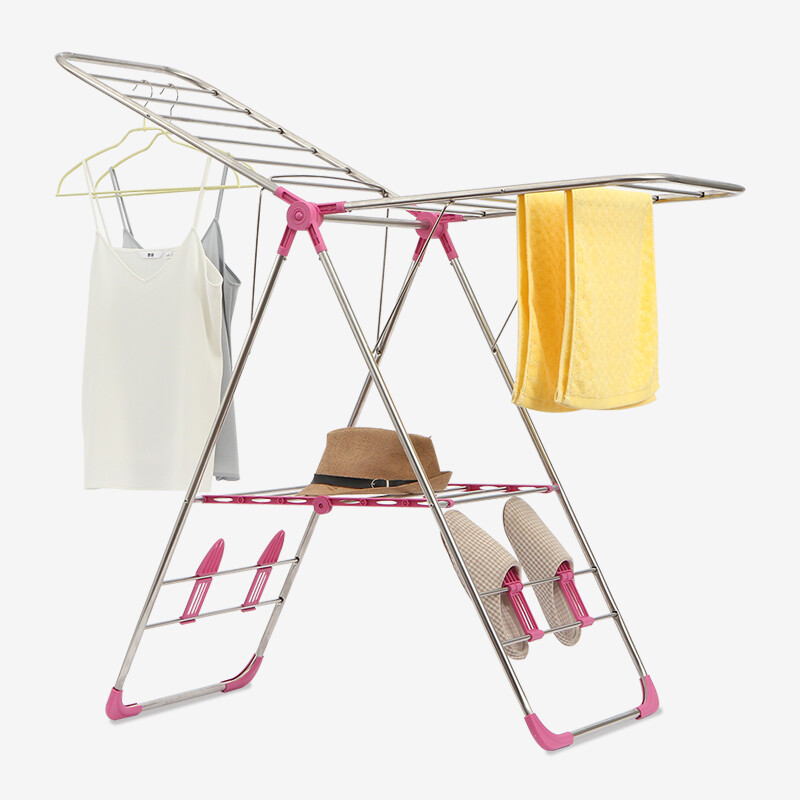 Ourunzhe clothes hanger airfoil landing foldable large multi-purpose clothes hanger indoor and outdoor balcony clothes drying rod rose red