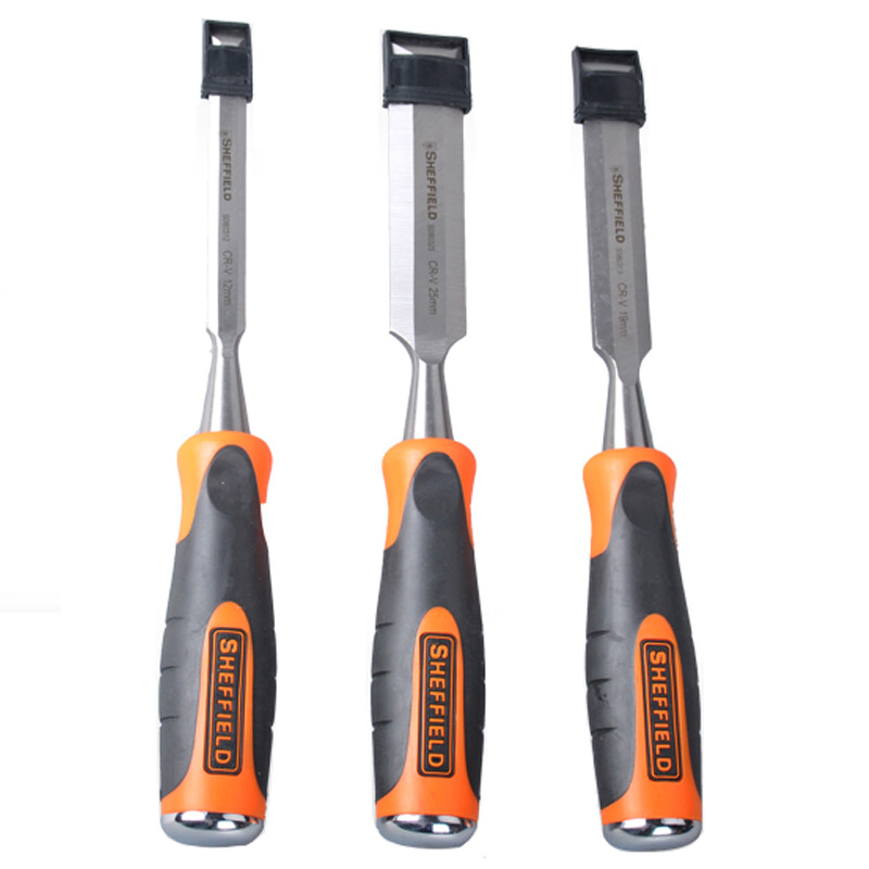 Steel shield s080301 3-piece woodworking chisel set flat shovel chisel with through handle engraving chisel wood carving knife woodworking tools chrome vanadium steel can be knocked
