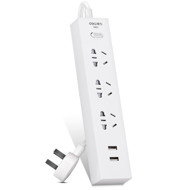 Deli 18221 new national standard intelligent anti overload USB socket 2.1a fast charging + 3-position combined hole 1.8m main control switch plug-in / patch panel