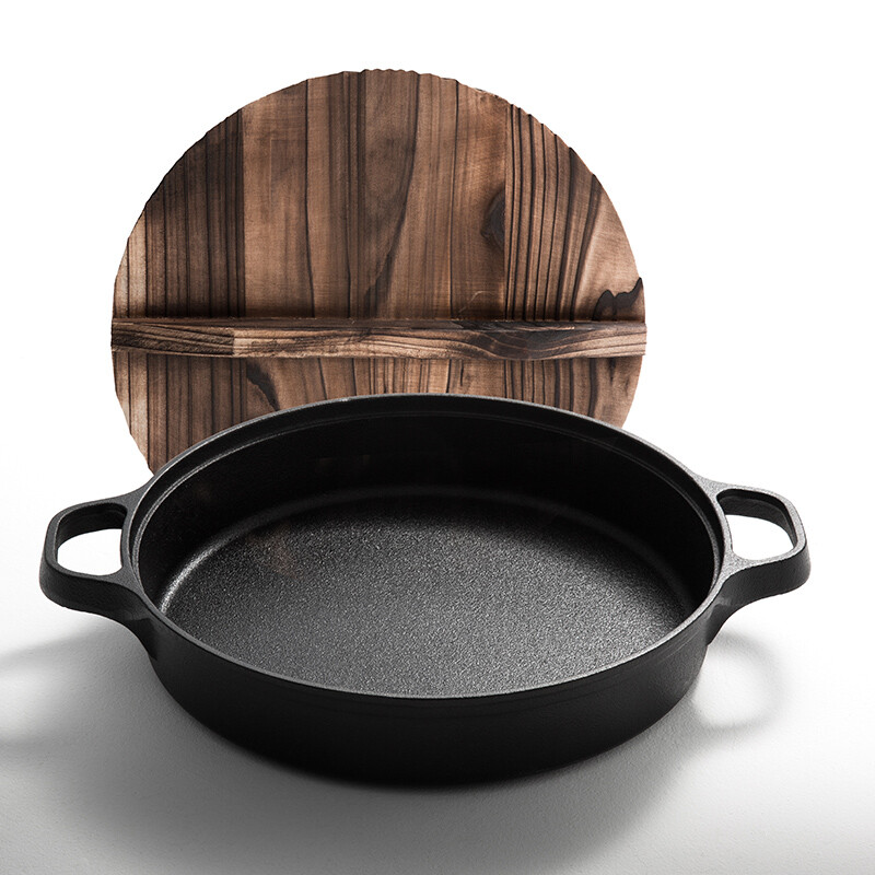 Deslon Defeng cast iron double ear frying pan 30cm double ear flat bottom frying pan (wooden cover) dfs-j907a