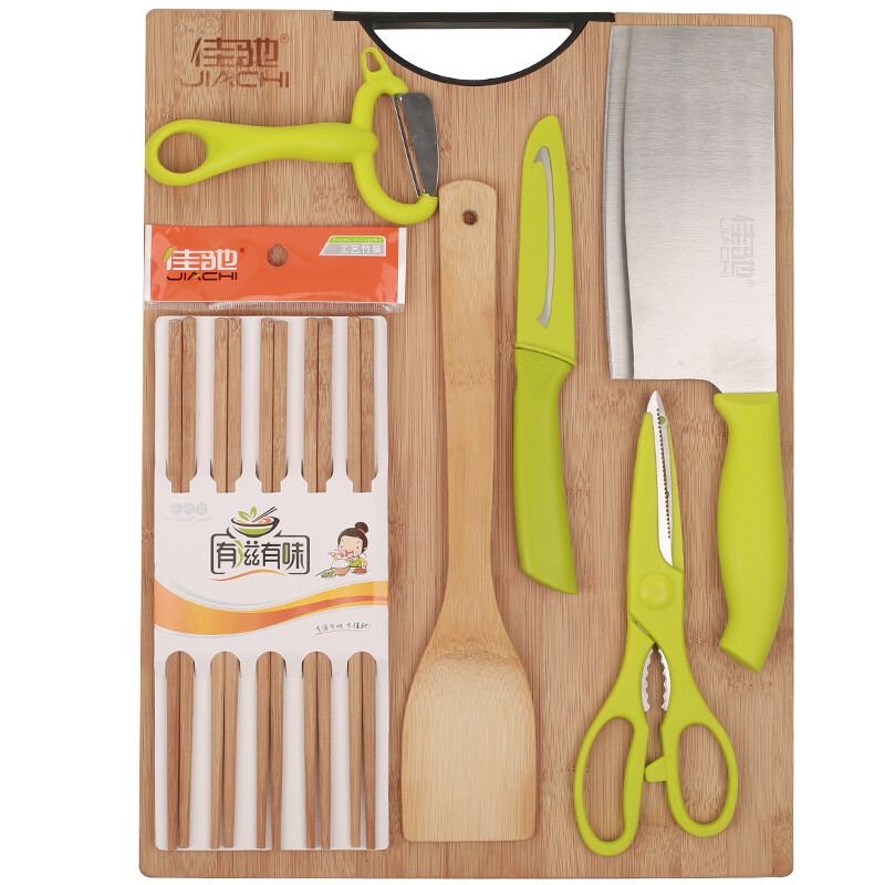 Jiachi chopping board 7-piece set (1 chopping board, 1 pair of scissors, 1 fruit knife, 1 kitchen knife, 1 bamboo shovel, 1 peeler and 10 pairs of chopsticks) jc-1984